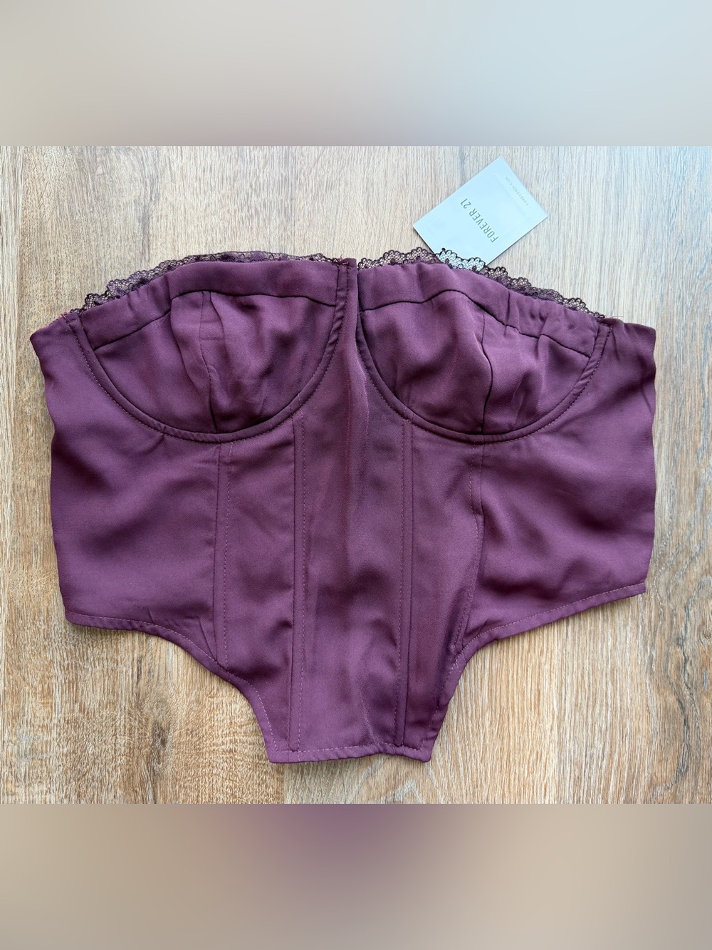 🆕 FOREVER 21 | Strapless Corset | Satin Bustier | Lace Trim | Peplum | Coquette